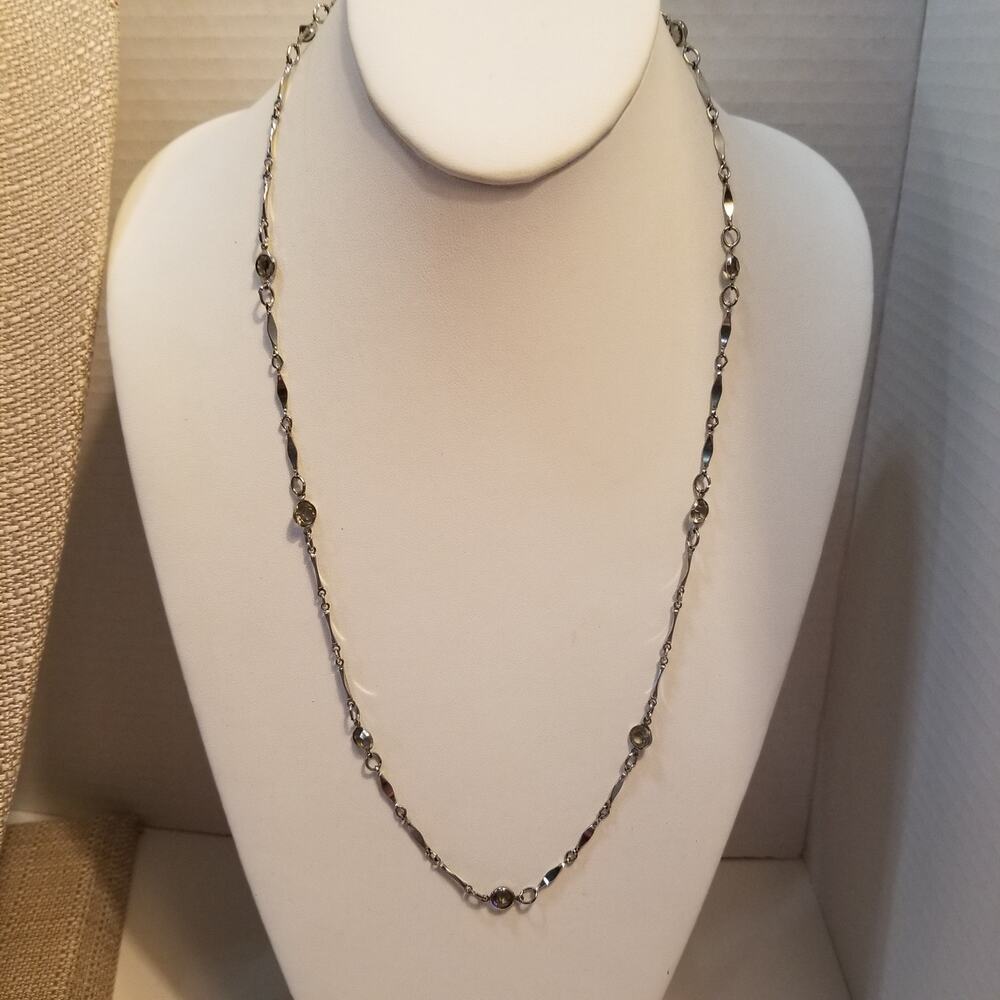Silver tone bar link necklace with smokey irridiscent crystals twenty four in.